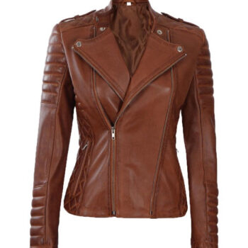 Womens Asymmetrical Four Pocket Belted Cognac Biker Jacket