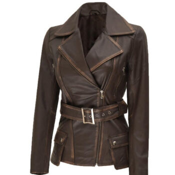 Womens Asymmetrical Distressed Brown Leather Biker Jacket