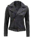 Womens Asymmetrical Leather Motorcycle Jacket With Belted Waist