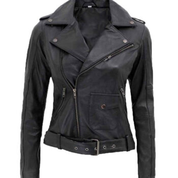 Womens Asymmetrical Leather Motorcycle Jacket With Belted Waist