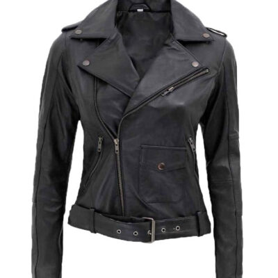 Womens Asymmetrical Leather Motorcycle Jacket With Belted Waist