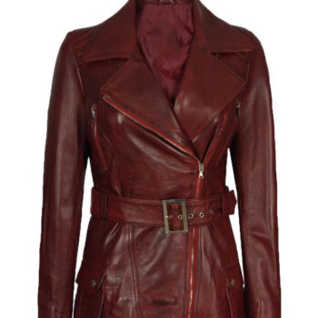 Womens Maroon Asymmetrical Belted Leather Biker Jacket