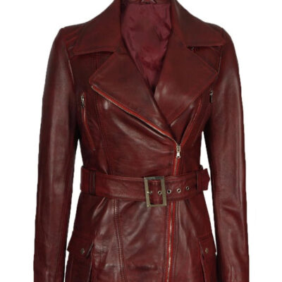 Womens Maroon Asymmetrical Belted Leather Biker Jacket