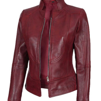 Womens Maroon Slim Fitted Leather Jacket