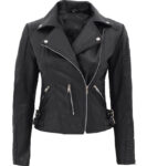 Bari Womens Asymmetrical Black Leather Moto Jacket