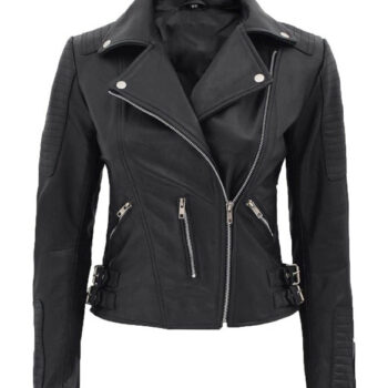Bari Womens Asymmetrical Black Leather Moto Jacket