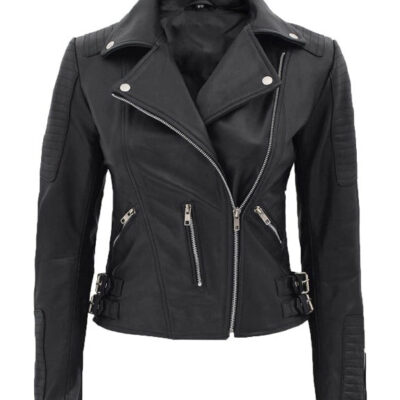 Bari Womens Asymmetrical Black Leather Moto Jacket