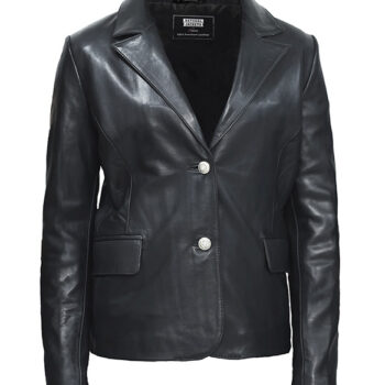 Womens Wide Lapel Two Button Black Leather Blazer Coat