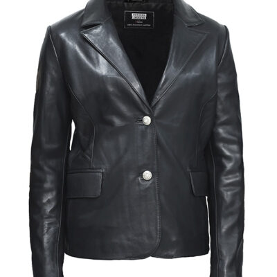 Womens Wide Lapel Two Button Black Leather Blazer Coat