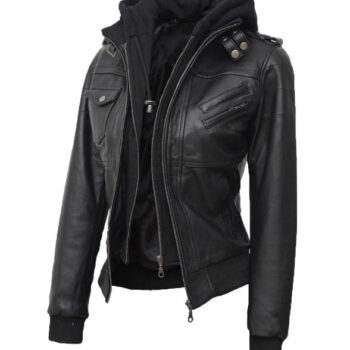 Women's Black Leather Bomber Jacket With Hood