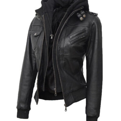 Women's Black Leather Bomber Jacket With Hood