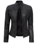 Genuine Leather Women's Black Cafe Racer Jacket Zipper Pocket