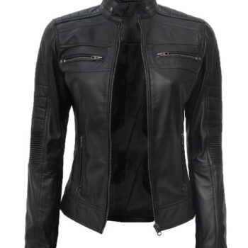 Genuine Leather Women's Black Cafe Racer Jacket Zipper Pocket