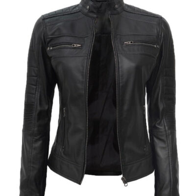 Genuine Leather Women's Black Cafe Racer Jacket Zipper Pocket