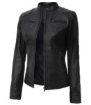 Womens Black Real Leather Cafe Racer Jacket with snap button collar
