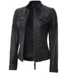 Womens Black Real Leather Cafe Racer Jacket in four zipper pockets