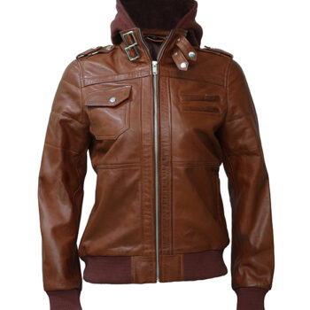 Cognac Leather Bomber Jacket with Removable Hood for Women