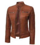 Womens Brown Quilted Cafe Racer Leather Jacket