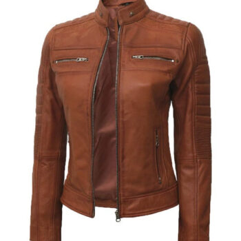 Womens Brown Quilted Cafe Racer Leather Jacket
