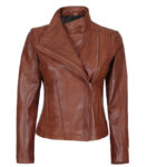 Women's Asymmetrical Quilted Style Leather Cognac Biker Jacket