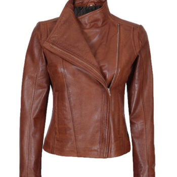 Women's Asymmetrical Quilted Style Leather Cognac Biker Jacket