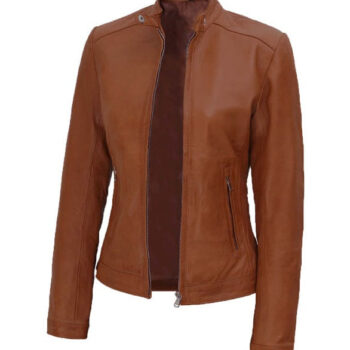 Womens Motorcycle Cognac Leather  Jacket With Quilted Shoulder Detailing