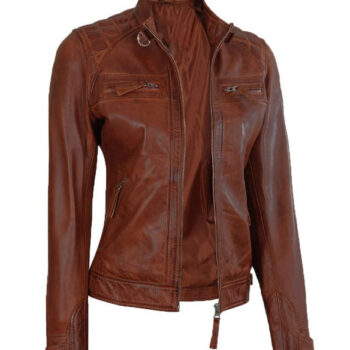 Womens Cognac Leather Motorcycle Jacket With Quilted Shoulder Detailing