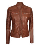 Women's Cognac Quilted Cafe Racer Leather Jacket