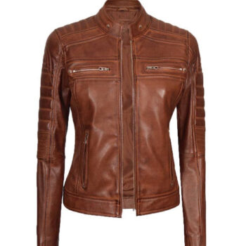 Women's Cognac Quilted Cafe Racer Leather Jacket