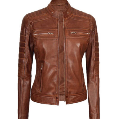 Women's Cognac Quilted Cafe Racer Leather Jacket