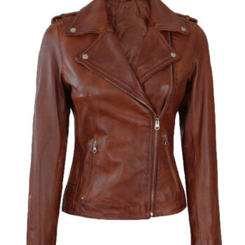 Women's Distressed Asymmetrical Cognac Moto Leather Jacket