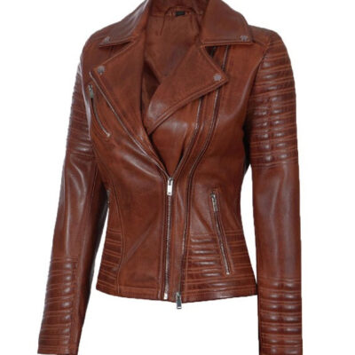 Women's Asymmetrical Leather Cognac Leather Biker Jacket