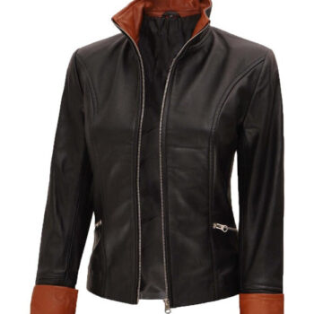 Black Fitted Leather Jacket for Women with Brown Detailing