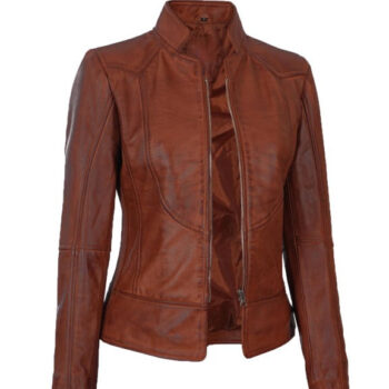 Womens Hand Waxed Vintage Cognac Leather Biker Jacket