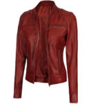 Dodge Women's Maroon Cafe Racer Leather Jacket