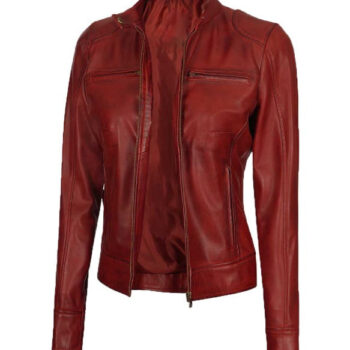 Dodge Women's Maroon Cafe Racer Leather Jacket