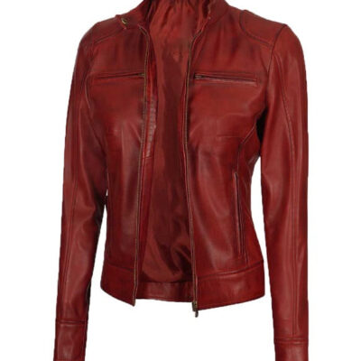 Dodge Women's Maroon Cafe Racer Leather Jacket