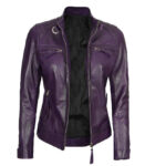 Women Purple Quilted Cafe Racer Leather Jacket For You