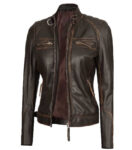 Women's Brown Rub Off Cafe Racer Leather Jacket