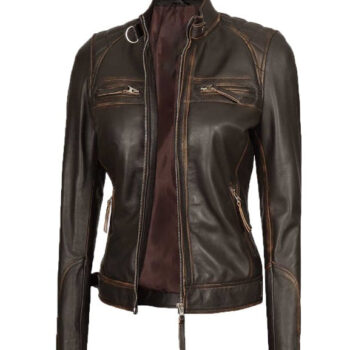 Women's Brown Rub Off Cafe Racer Leather Jacket