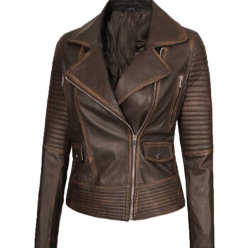 Brown Asymmetrical Leather Motorcycle Jacket for Women