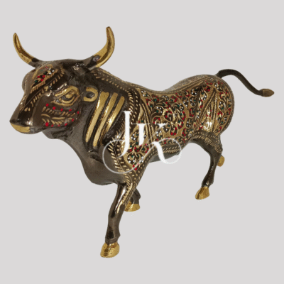 Brass Bull Figurine with Intricate Inlay and Gold Accents  12-Inch