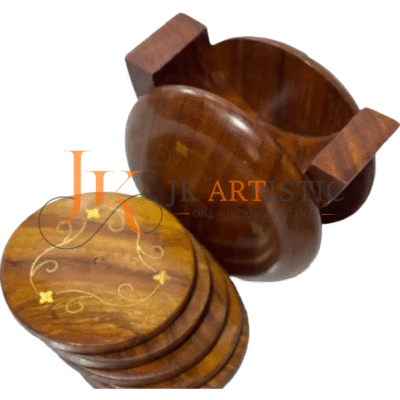 Handcrafted Wooden Tea Coaster Set with Holder – 6-Piece Round Drink Coasters for Home & Office