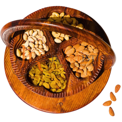 Handcrafted Foldable Wooden Basket Set – 2-Piece Carved Fruit & Snack Serving Bowls with Handle (4-Section & 4-Heart Compartments)