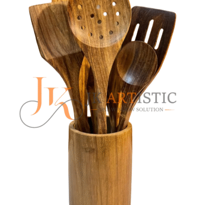 Handcrafted Teak Wood Utensil Set – 6-Piece Cooking Spoon & Spatula Set with Holder -