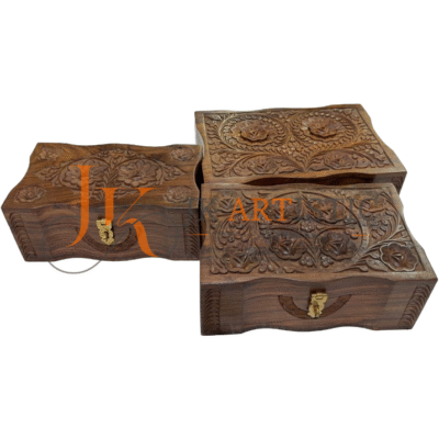 Set of 3 Hand-Carved Wooden Jewelry Boxes