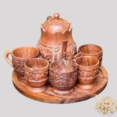 Handcrafted Wooden Tea Set – Carved Teapot, 5 Wooden Cups & Serving Tray | Elegant Vintage Gift
