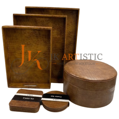 Elegant Handmade Leather Dining Set – Includes Tray Set, Coaster Set & Roti Box
