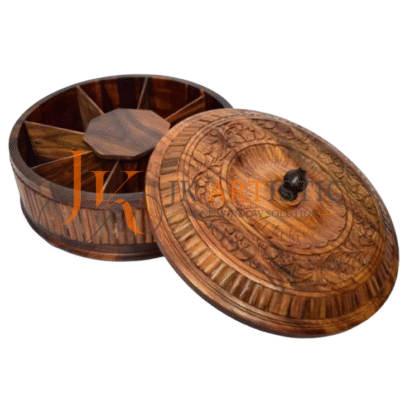Handcrafted Wooden Dry Fruit Box – Round 7-Compartment Carved Storage Container for Snacks & Spices