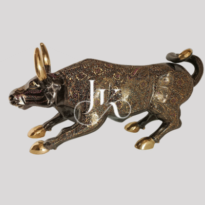 30-Inch Brass Bull Sculpture with Gold Accents & Ornamental Detailing